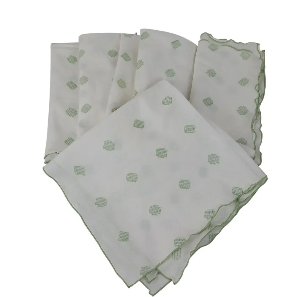 Set Of 6 White Mint Green Linen Embroidered Napkins